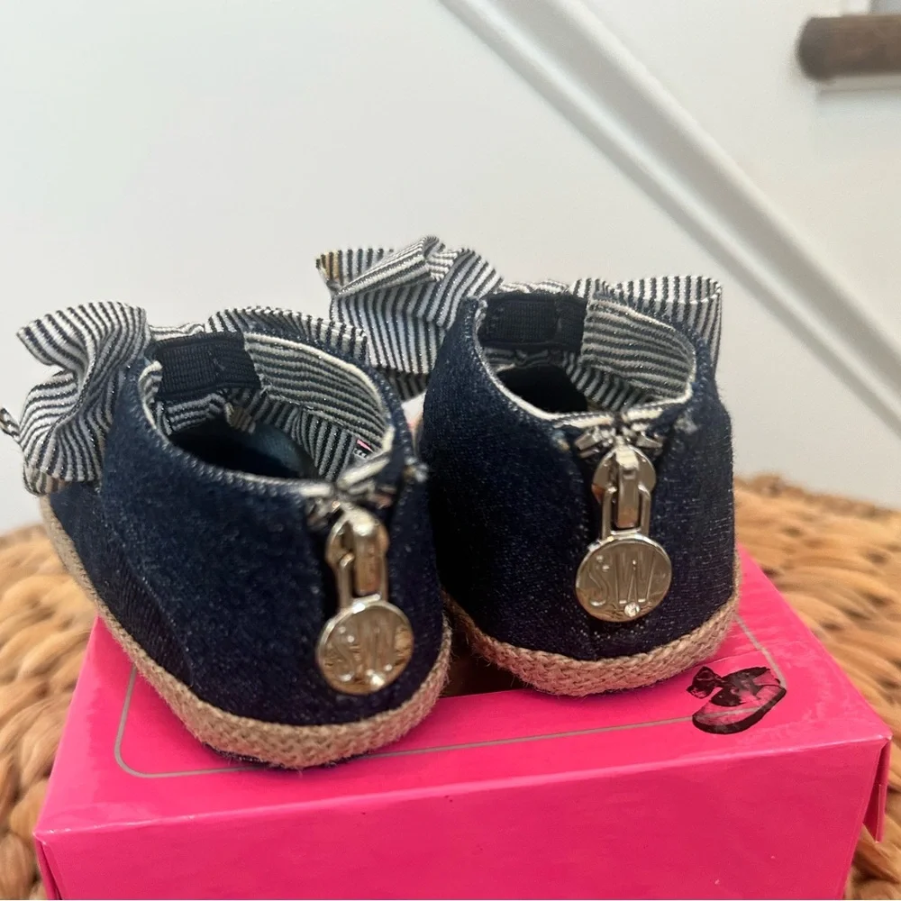 NWT sz 4 Stuart Weitzman Baby Nan Denim baby girl shoes bow zip back raffia